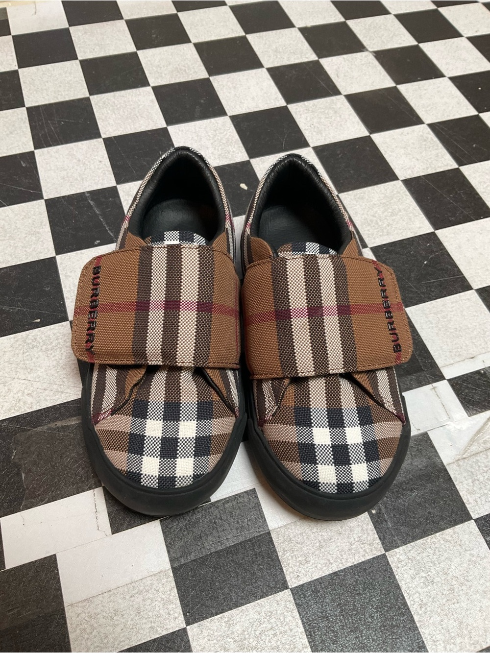 Burberry Tan Brown Plaid Kids Velcro Sneakers